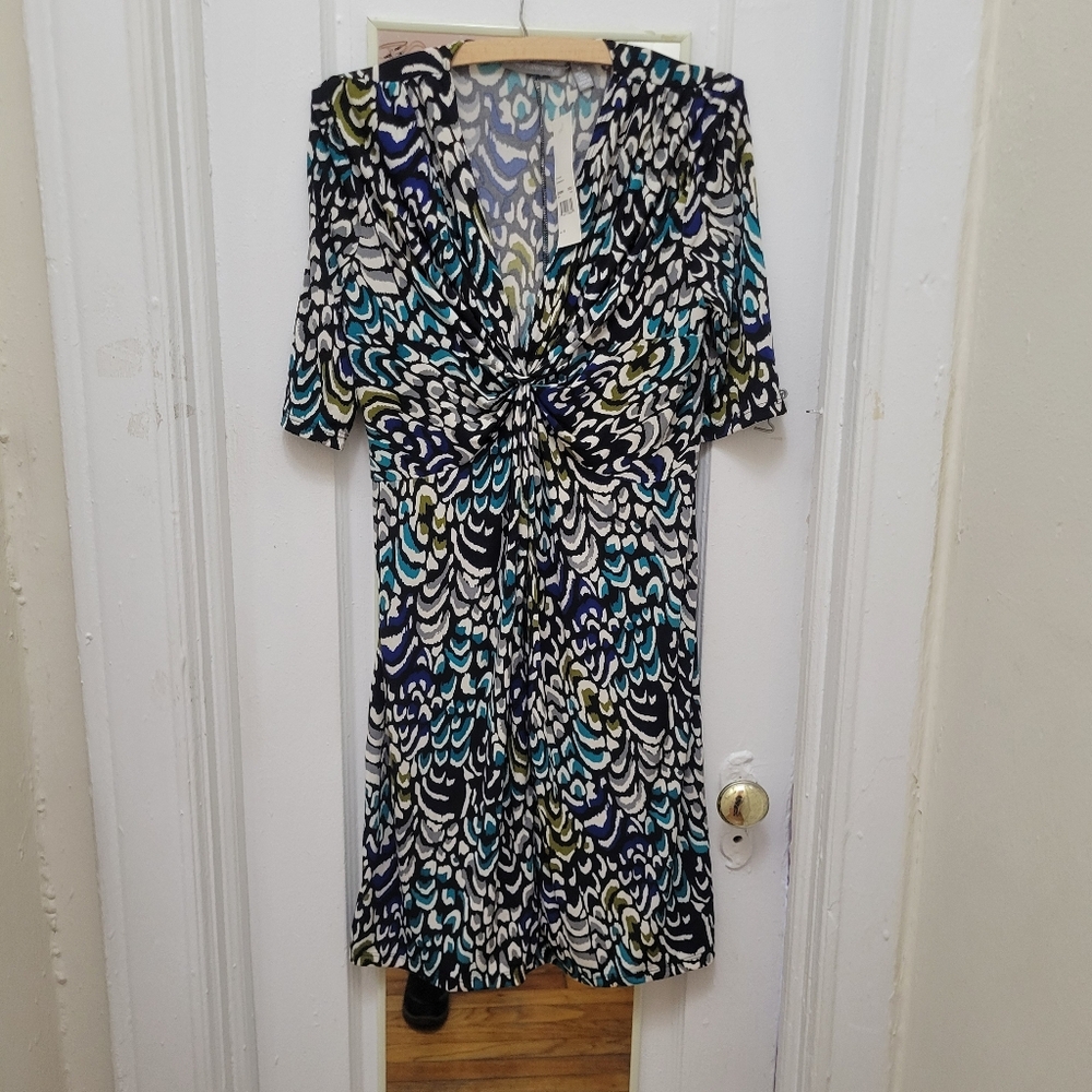 NY Collection Blue Green Abstract Print Twist Knot Midi Dress 3/4 Slv Mod Work